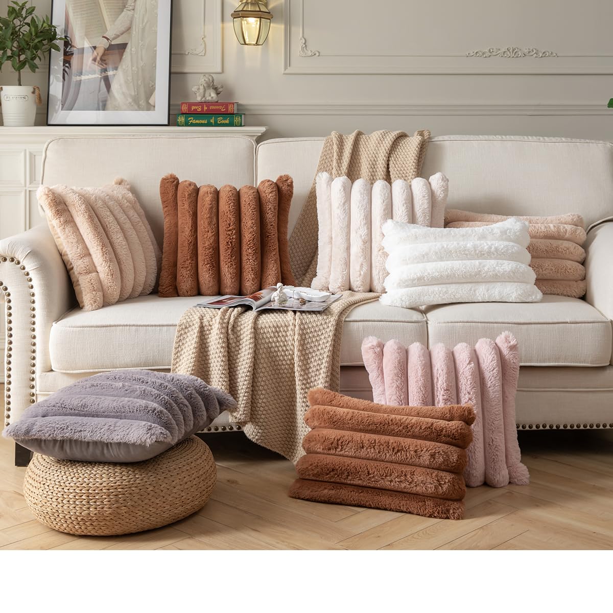 *Joyouth Faux Fur Plush Throw Pillow Covers 16x16 Inch Set of 2 - Luxury Decorative Fuzzy Striped Soft Cozy Pillowcase for Couch, Sofa, Living Room - Brown