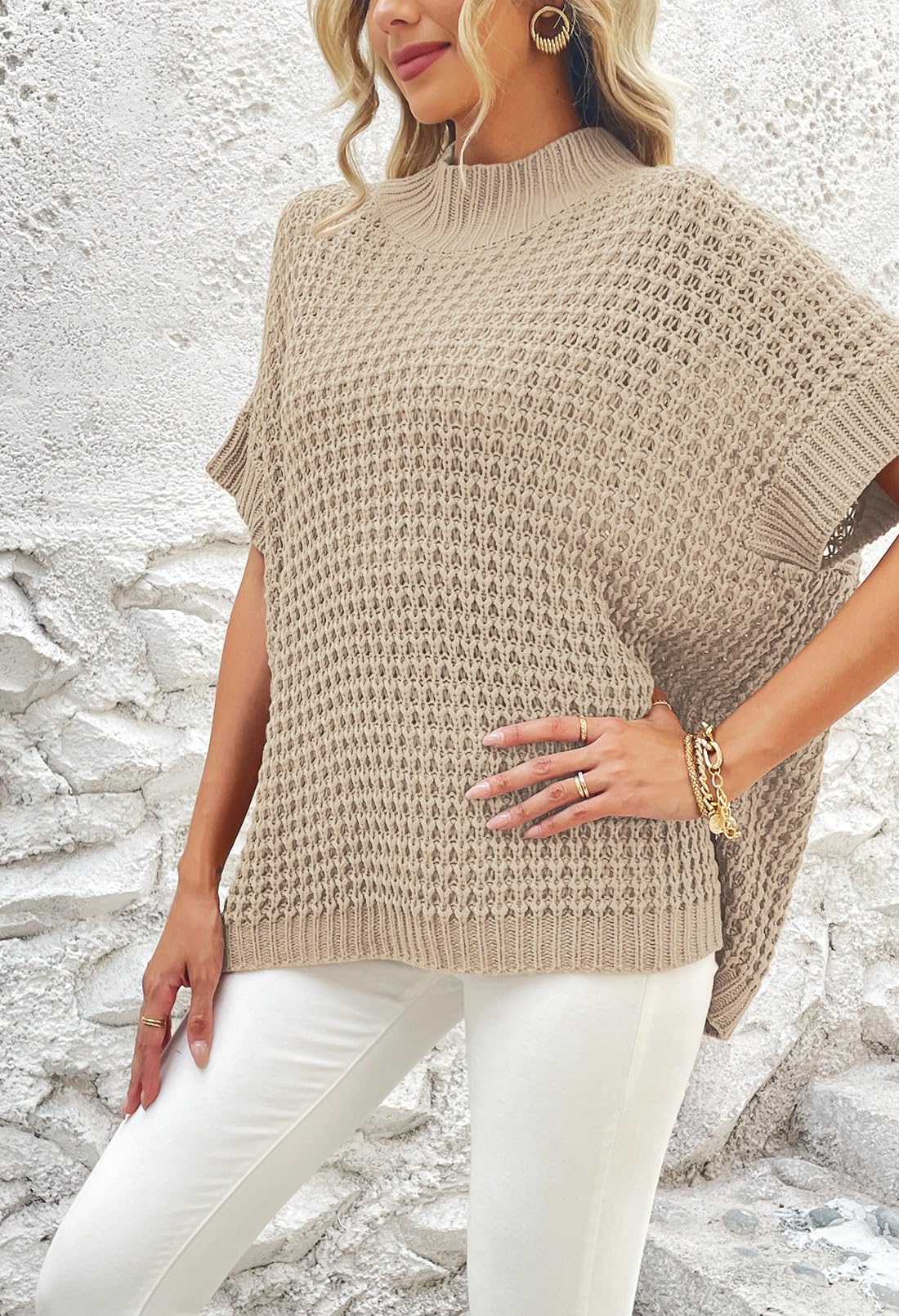 Women's Oversized Batwing Short-Sleeve Mock-Neck Knit Sweater