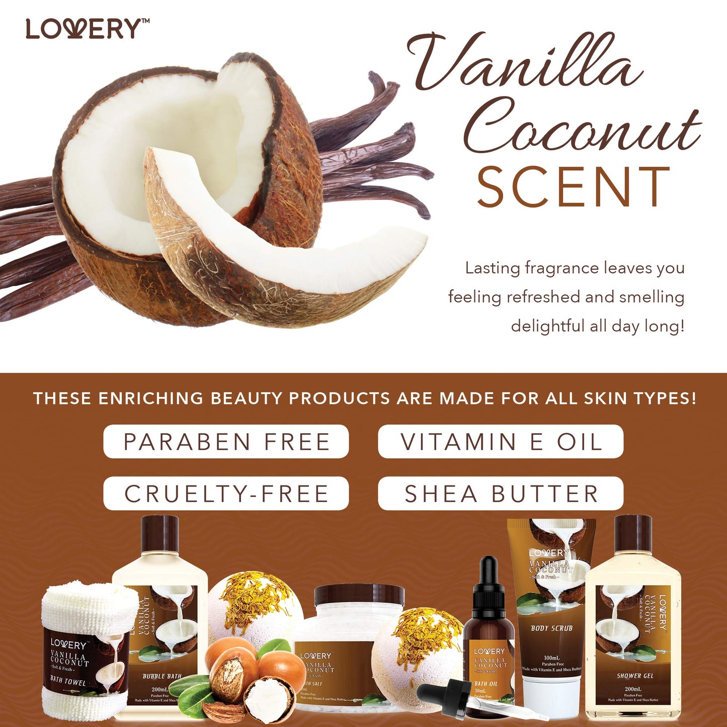 Self Care Package with Woven Basket Set, Vanilla Coconut -  9 Piece Set