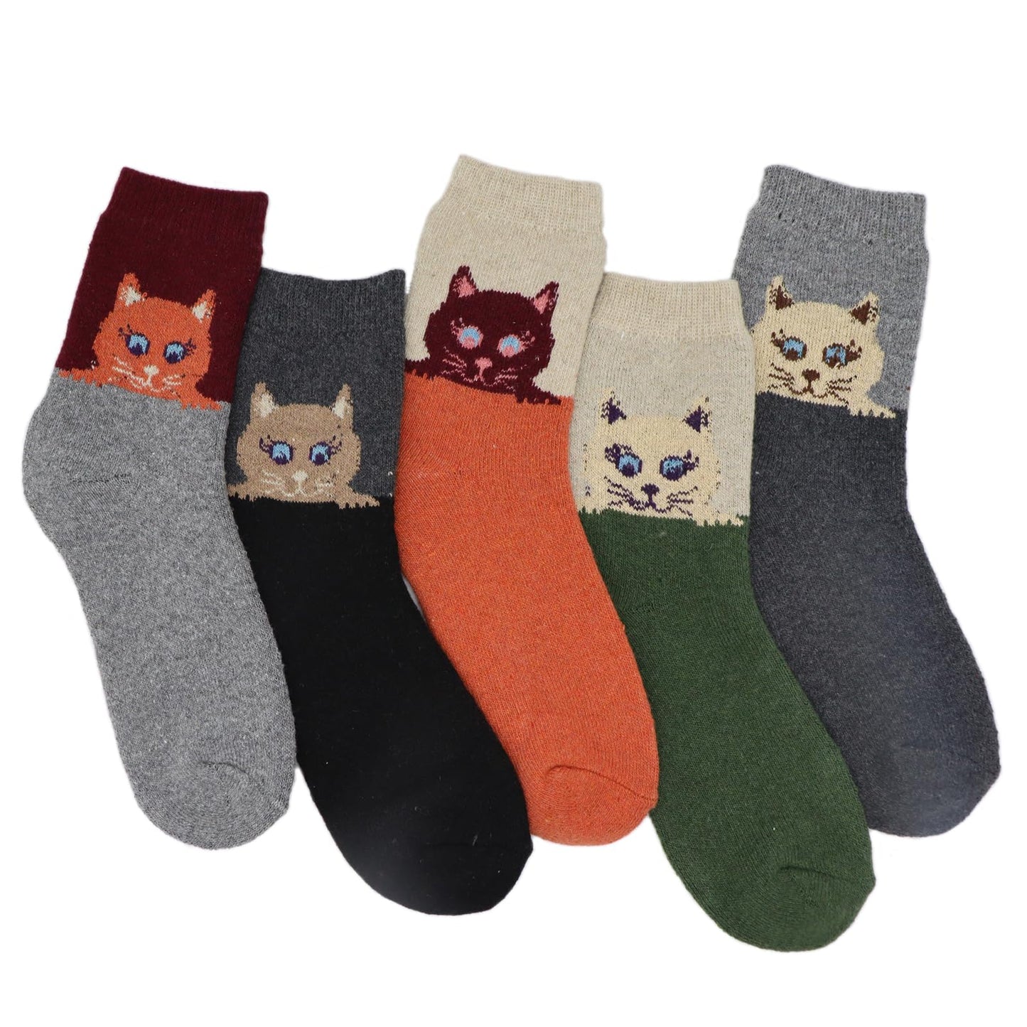 Women's 5-Pack Wool Crew Socks with Cat Design Print