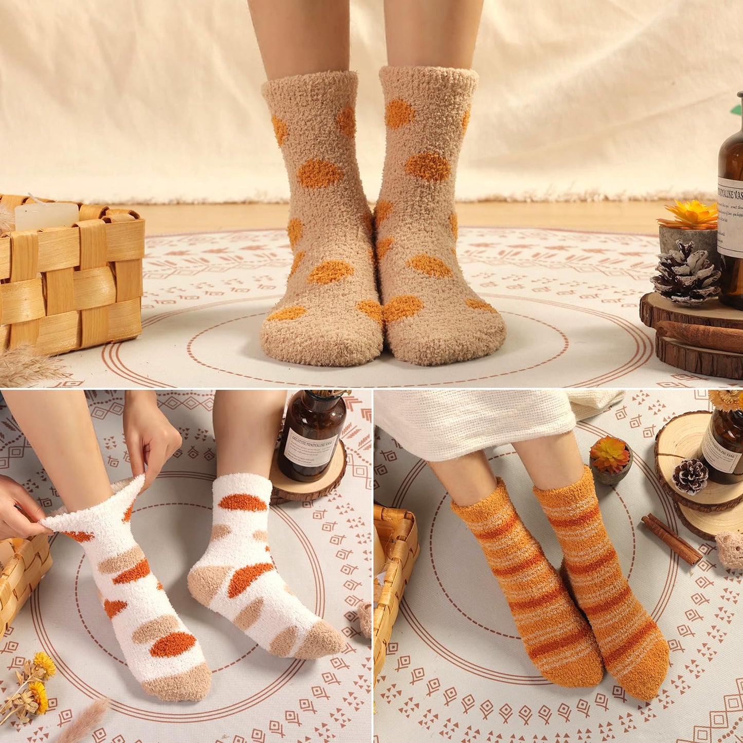 Women's Fluffy Caramel Color Slipper Socks - 6 Pairs