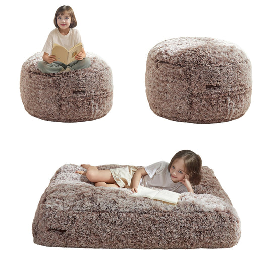 MAXYOYO Bean Bag Chair Bed for Kids, Plush Convertible Bean Bag Folds from Lazy Chair to Floor Mattress Bed, Stuffed Floor Sofa Couch for Boys and Girls, Machine Washable, Coffee
