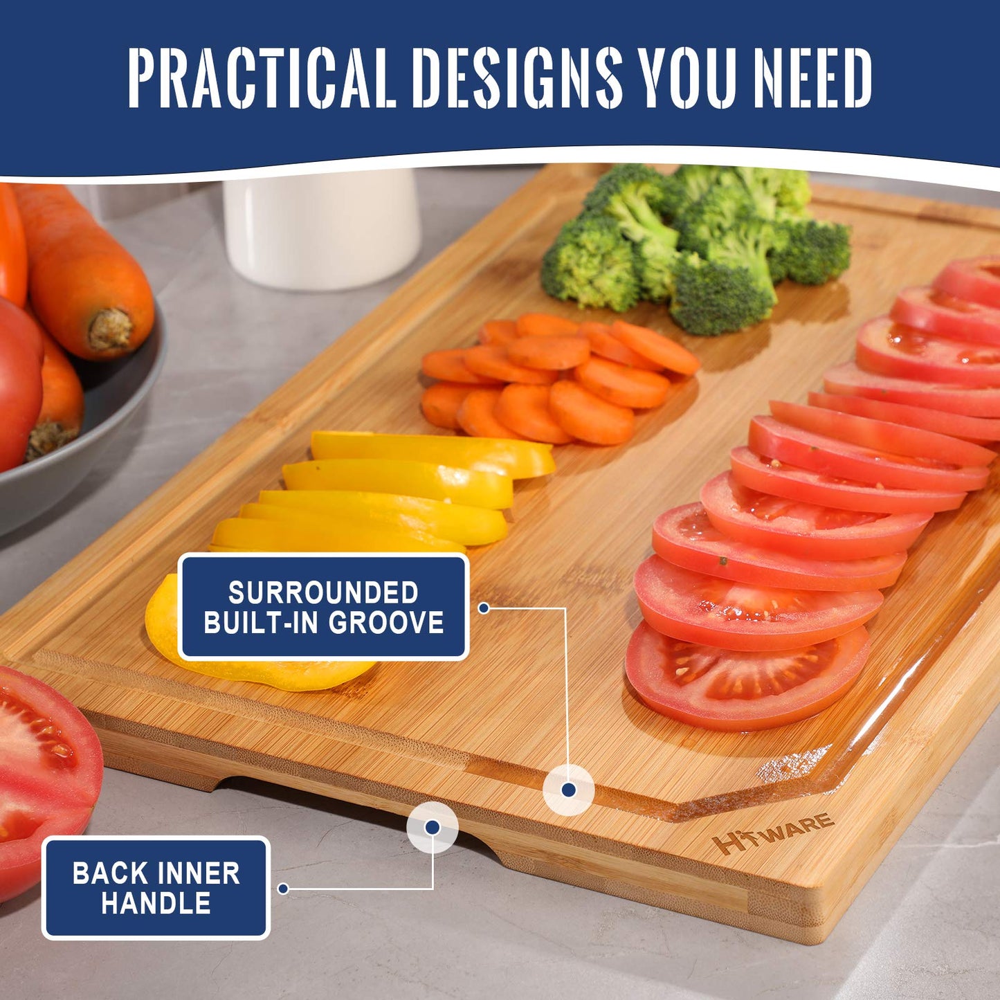Wooden Hiware 4-Piece Extra Large Bamboo Cutting Boards Set for Kitchen, Heavy Duty Cutting Board with Juice Groove, Bamboo Chopping Board Set for Meat, Vegetables - Pre Oiled
