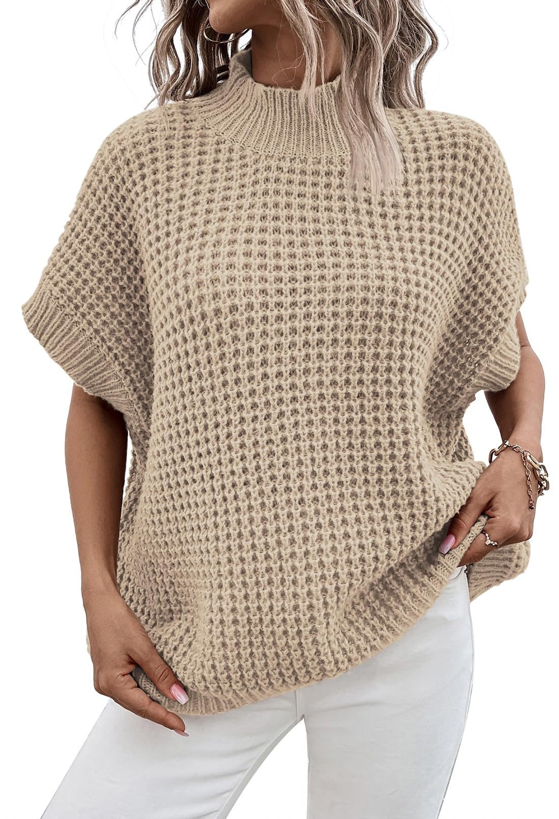 Women's Oversized Batwing Short-Sleeve Mock-Neck Knit Sweater