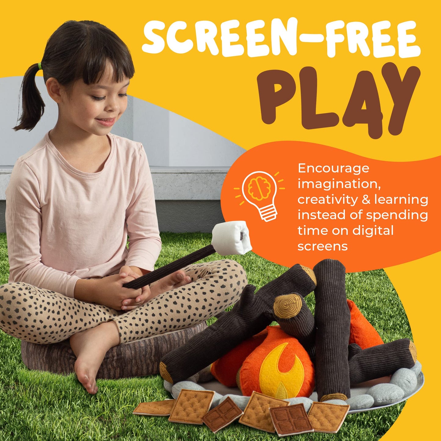 Plush Campfire Set for Kids with S'Mores Kit & Wood Log Pillow