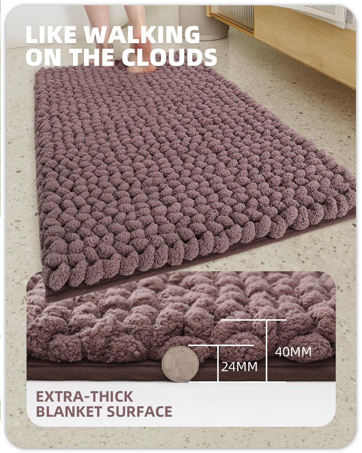 *Color&Geometry Chenille Bathroom Rugs 17x30, Brown- Super Absorbent, Non Slip, Ultra Soft, High Pile Thick Bath Mat, Bath Rug for Restroom Floor, Outside Shower/Tub, Laundry Room