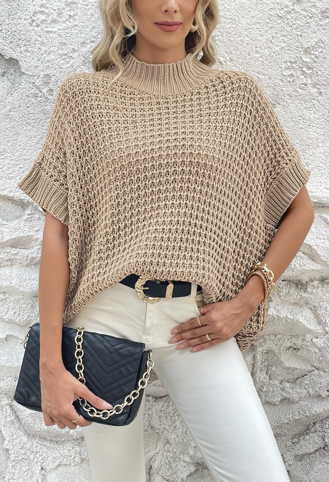 Women's Oversized Batwing Short-Sleeve Mock-Neck Knit Sweater