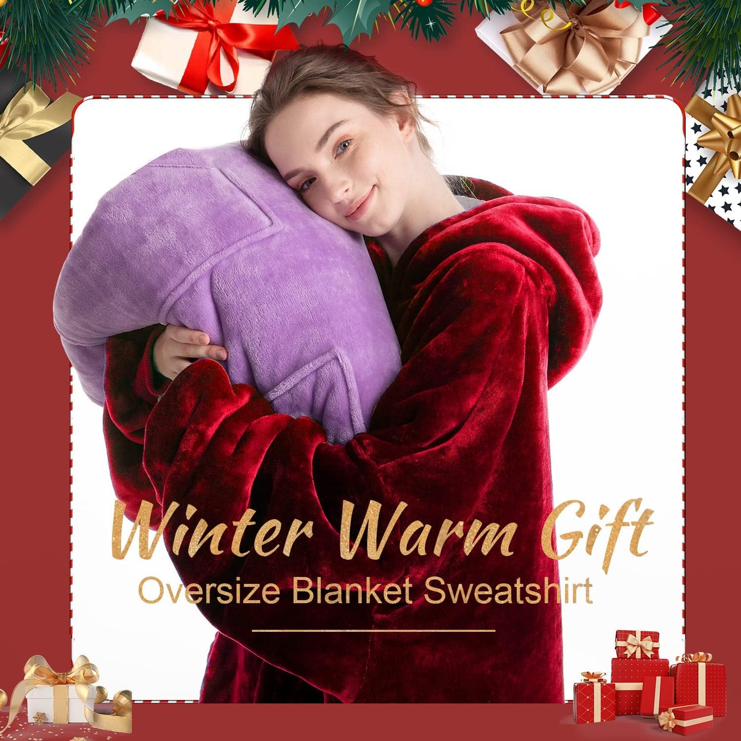 Women's Oversized Wearable Red Sherpa Fleece Blanket