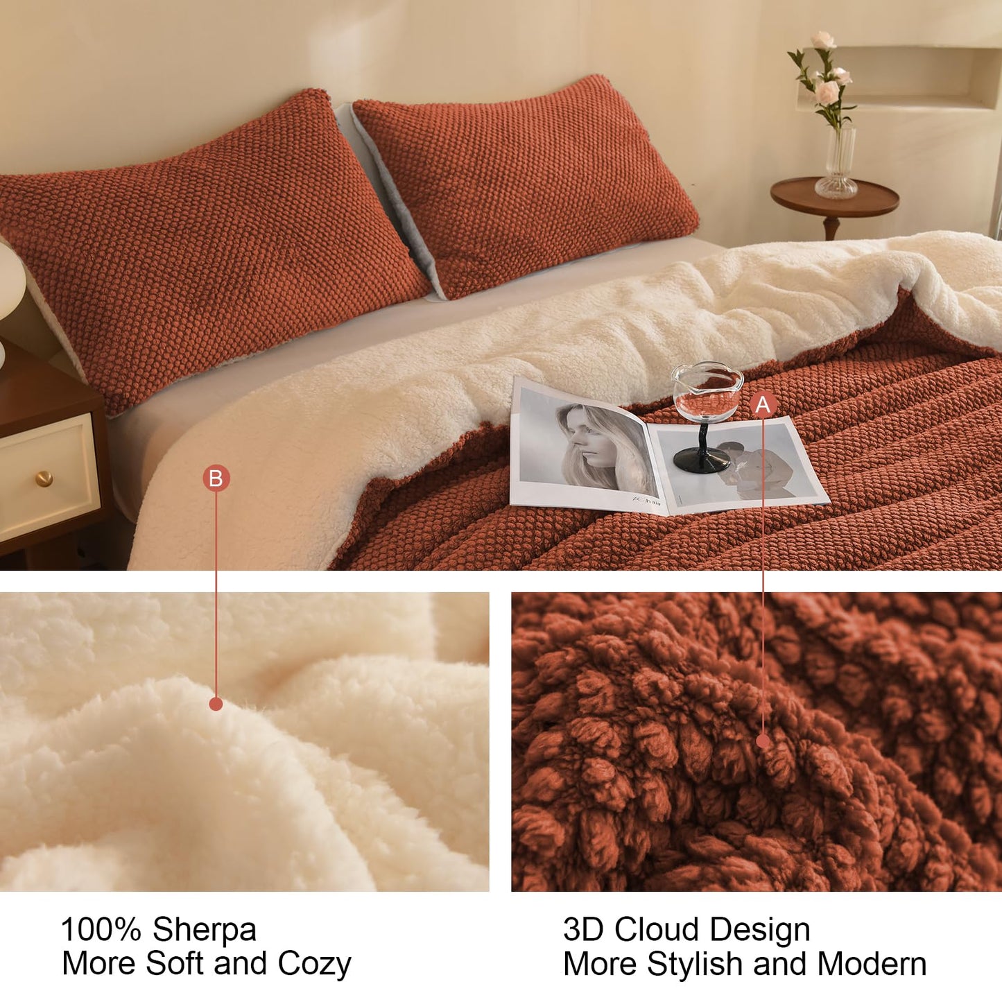 *LLanCL 3D Jacquard Design Comforter Set, Ultra-Soft Warm King Size Sherpa Fur Plush 3-Pieces Sets Luxury Cozy Bedding with 2 Pillowcases (104"x90", Burnt Orange)