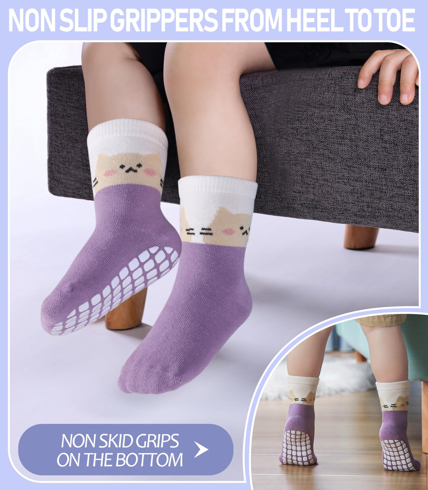 Baby Girl's Non-Slip Crew Socks with Animal Print - 6 Pairs