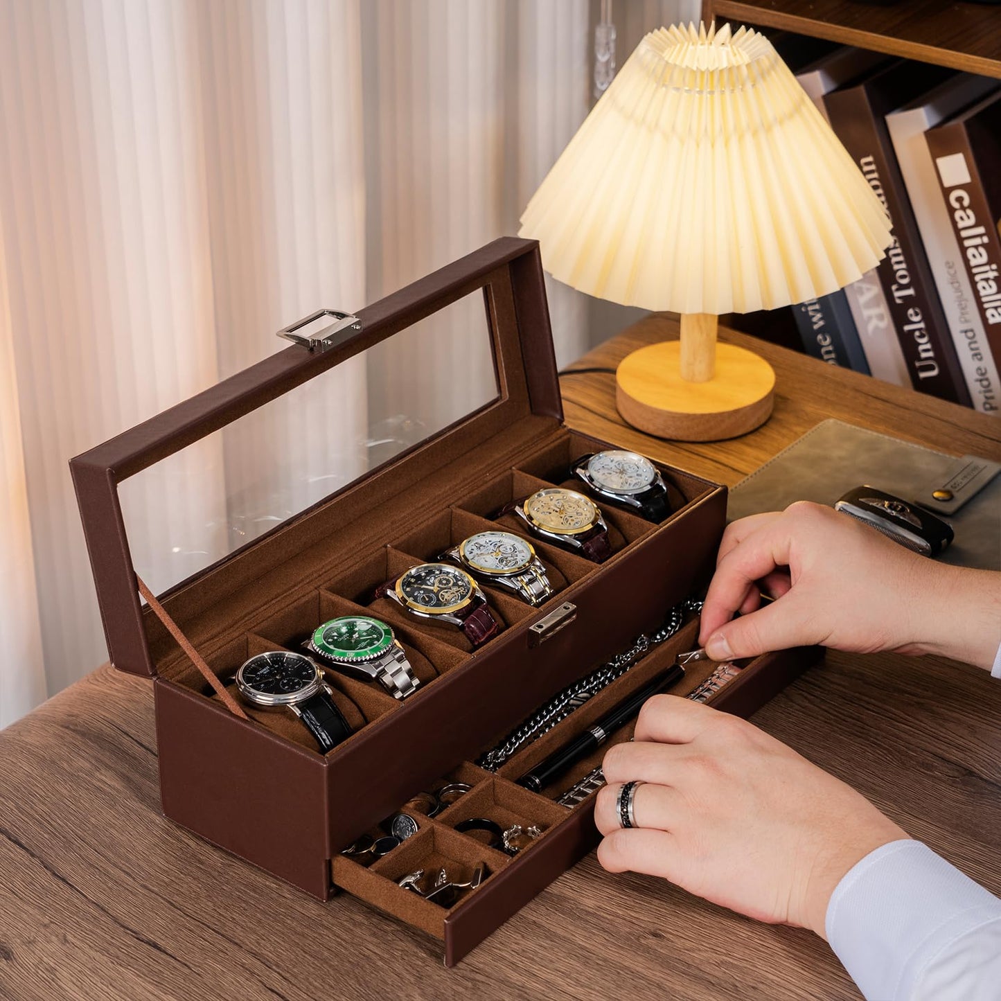 Watch Display Case with 6 Slots and Drawer