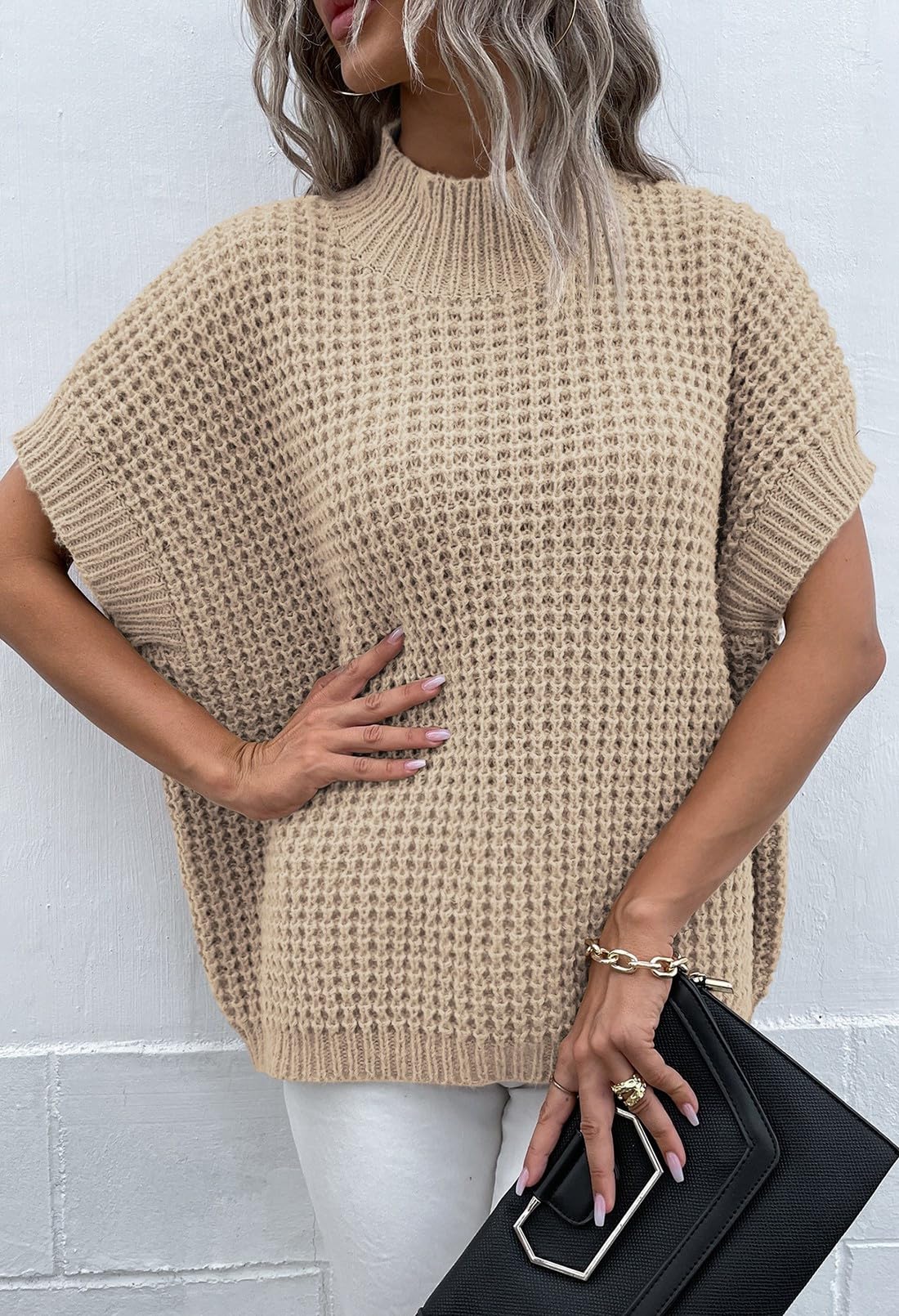Women's Oversized Batwing Short-Sleeve Mock-Neck Knit Sweater