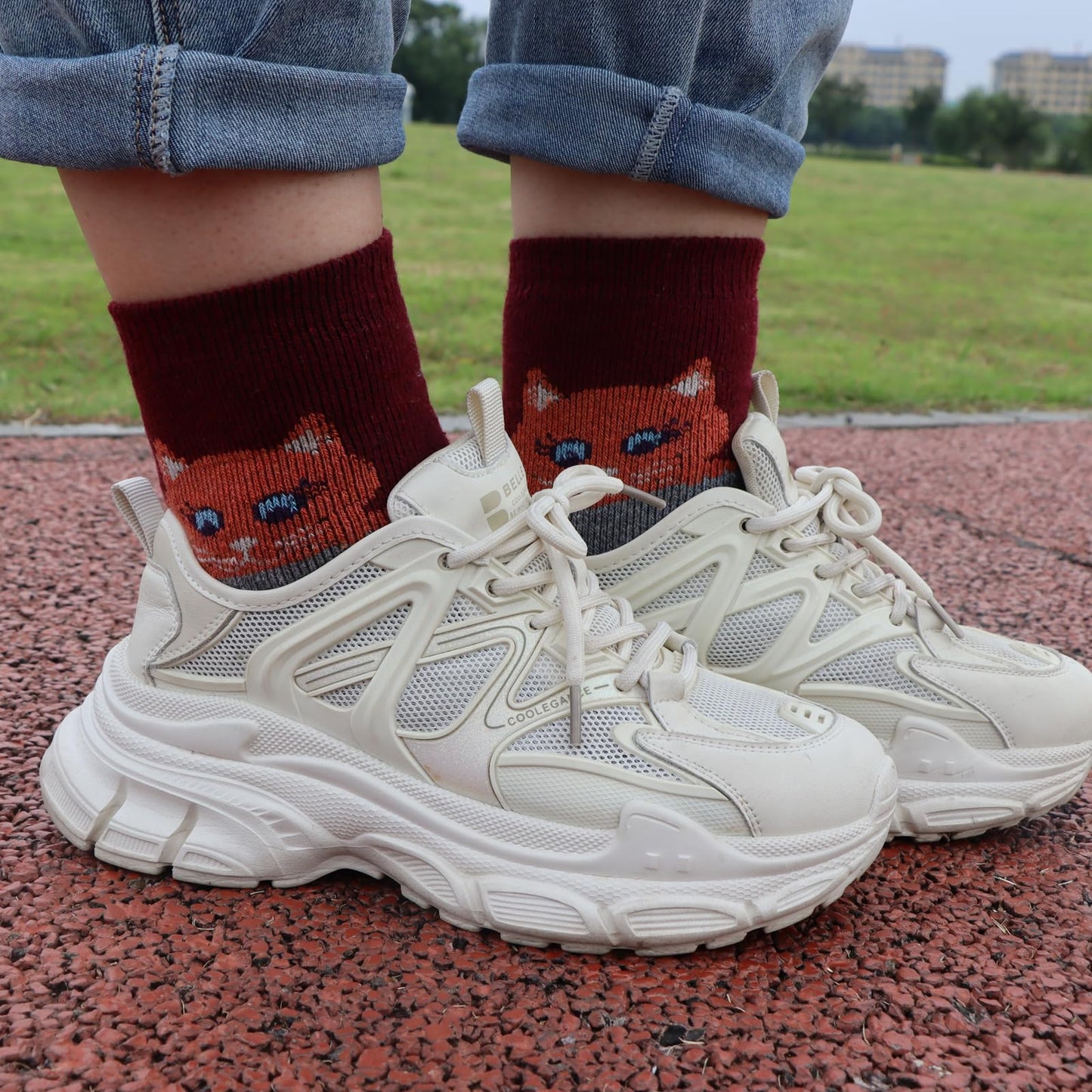 Women's 5-Pack Wool Crew Socks with Cat Design Print