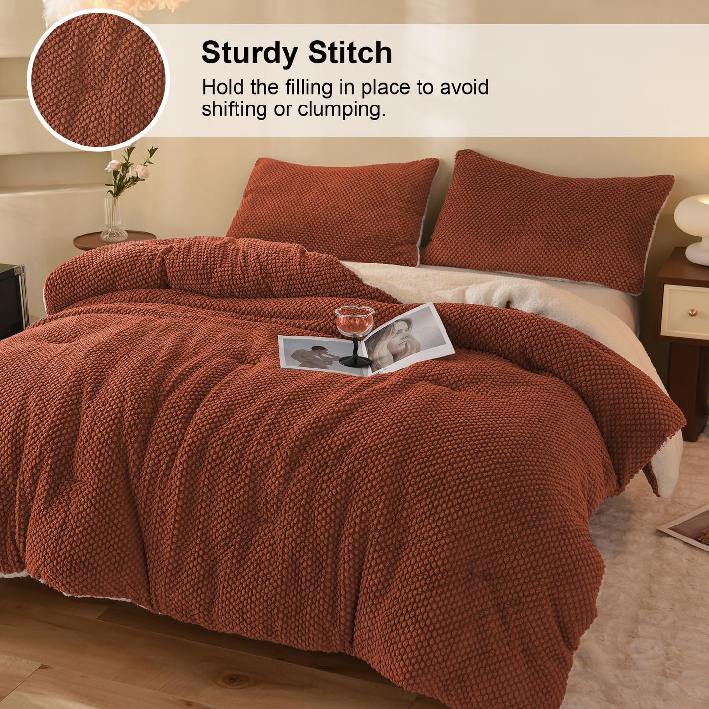 *LLanCL 3D Jacquard Design Comforter Set, Ultra-Soft Warm King Size Sherpa Fur Plush 3-Pieces Sets Luxury Cozy Bedding with 2 Pillowcases (104"x90", Burnt Orange)