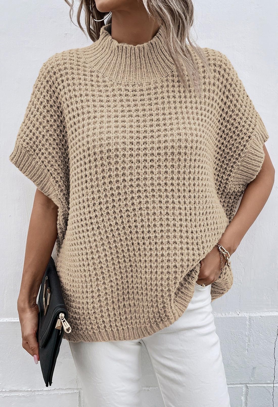 Women's Oversized Batwing Short-Sleeve Mock-Neck Knit Sweater