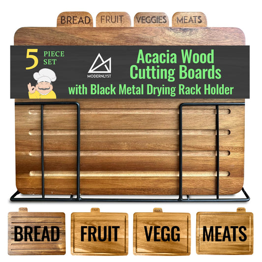 Wooden MODERNLYST Acacia Wood Cutting Boards for Kitchen with Holder | Labeled Food Use Tabs | Modern Wooden Cutting Board Set | 13 x 11 x 2.5 in. Large Organized Chopping Board Set of 4 with Black Stand
