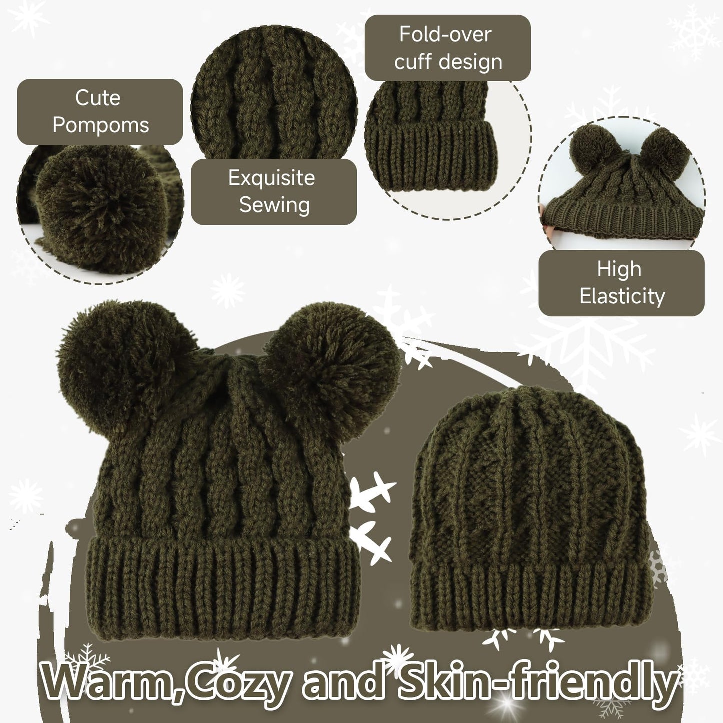 Baby Cable-Knit Beanie Pom Pom Teddy Bear Ears