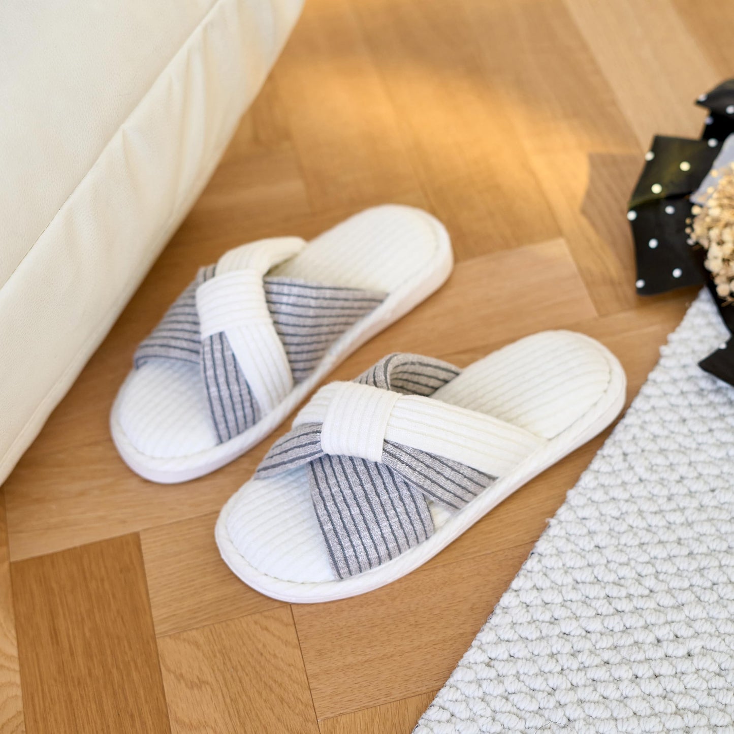 Women's Stripped Cross-Strap Slides with Memory Foam Soles