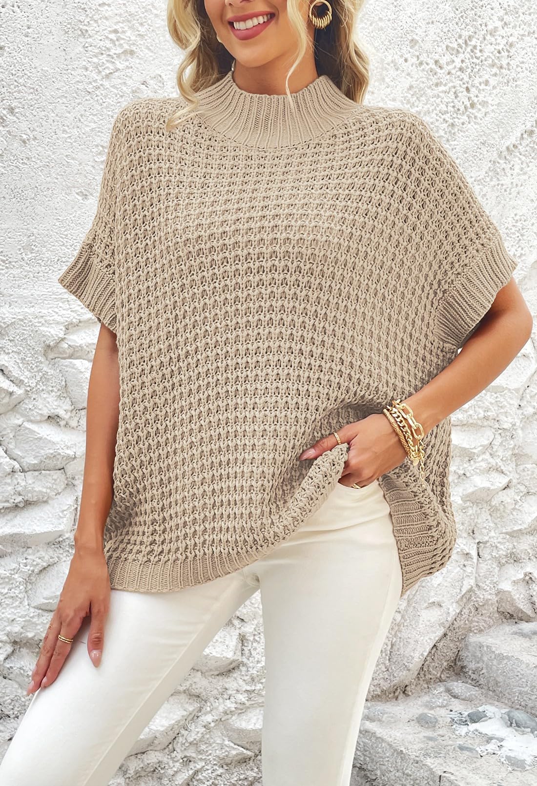 Women's Oversized Batwing Short-Sleeve Mock-Neck Knit Sweater