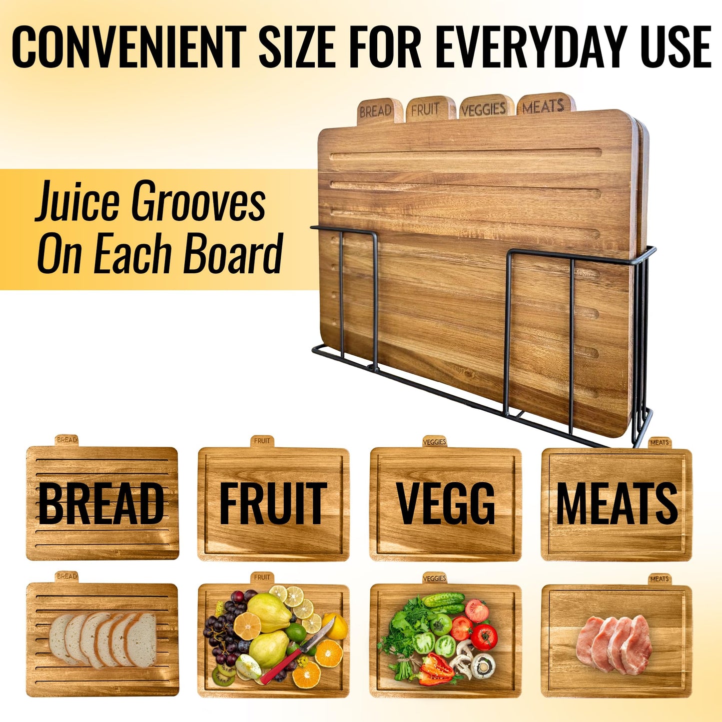 Wooden MODERNLYST Acacia Wood Cutting Boards for Kitchen with Holder | Labeled Food Use Tabs | Modern Wooden Cutting Board Set | 13 x 11 x 2.5 in. Large Organized Chopping Board Set of 4 with Black Stand