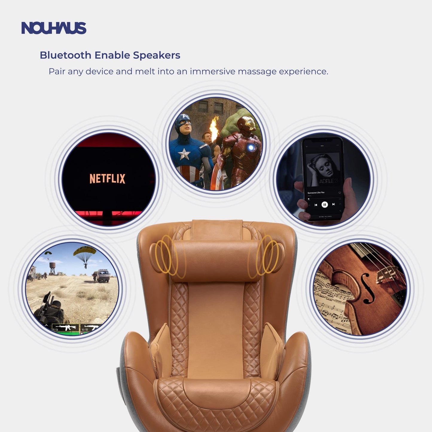 *NOUHAUS Heated Classic Massage Chair Full Body and Spot Massaging Recliner with Ottoman, Bluetooth Speaker, in-Chair Charger. Portable Shiatsu Body Massager Chair (Caramel, Leather)