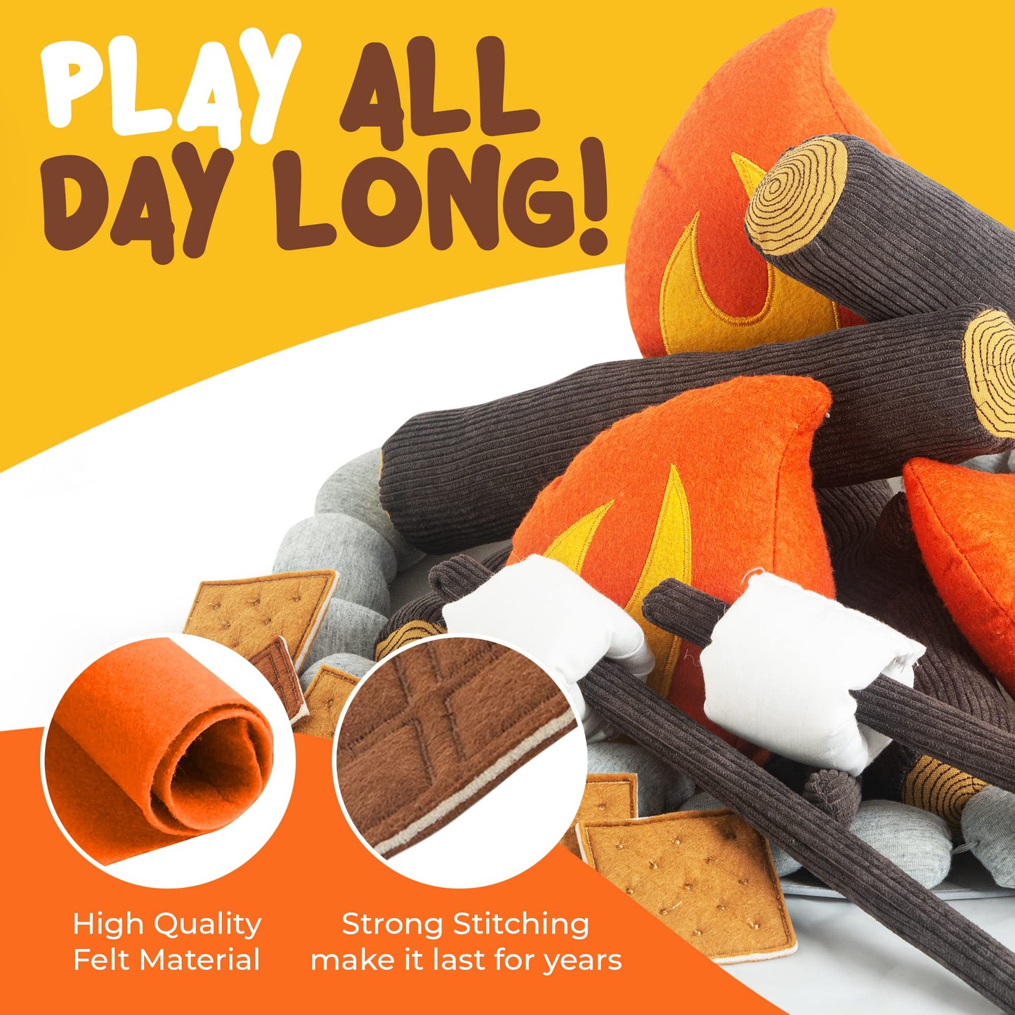 Plush Campfire Set for Kids with S'Mores Kit & Wood Log Pillow
