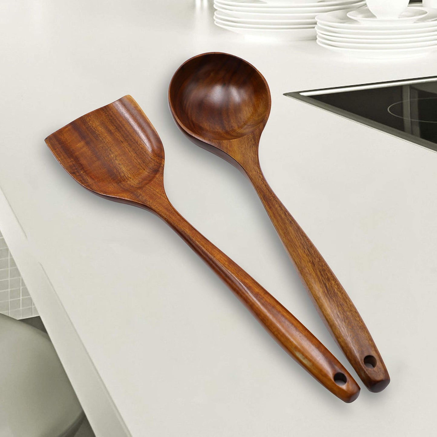 Wooden FJNATINH Wooden Wok Spatula Ladle Tool Set, 14inch Long Handle Wooden Spatula for Wok, Teak Wooden Wok Spatula