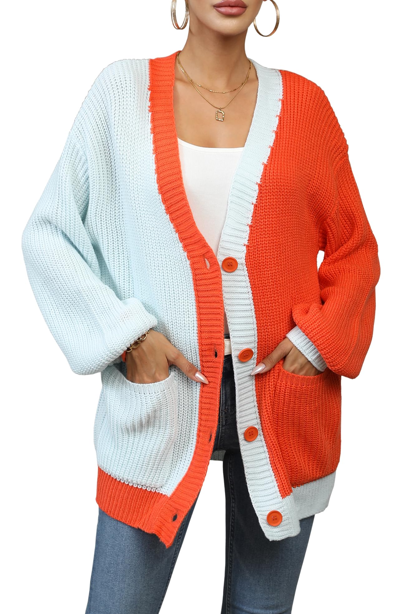 Women's Long Sleeve Color-Block Cable-Knitted Cardigan