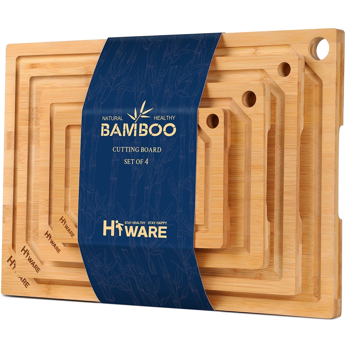 Wooden Hiware 4-Piece Extra Large Bamboo Cutting Boards Set for Kitchen, Heavy Duty Cutting Board with Juice Groove, Bamboo Chopping Board Set for Meat, Vegetables - Pre Oiled