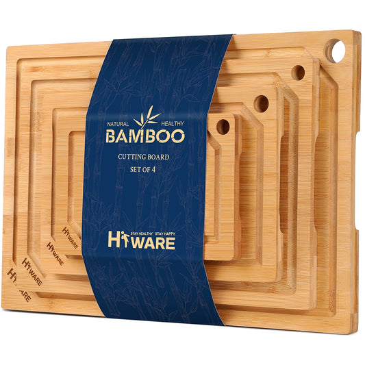 Wooden Hiware 4-Piece Extra Large Bamboo Cutting Boards Set for Kitchen, Heavy Duty Cutting Board with Juice Groove, Bamboo Chopping Board Set for Meat, Vegetables - Pre Oiled