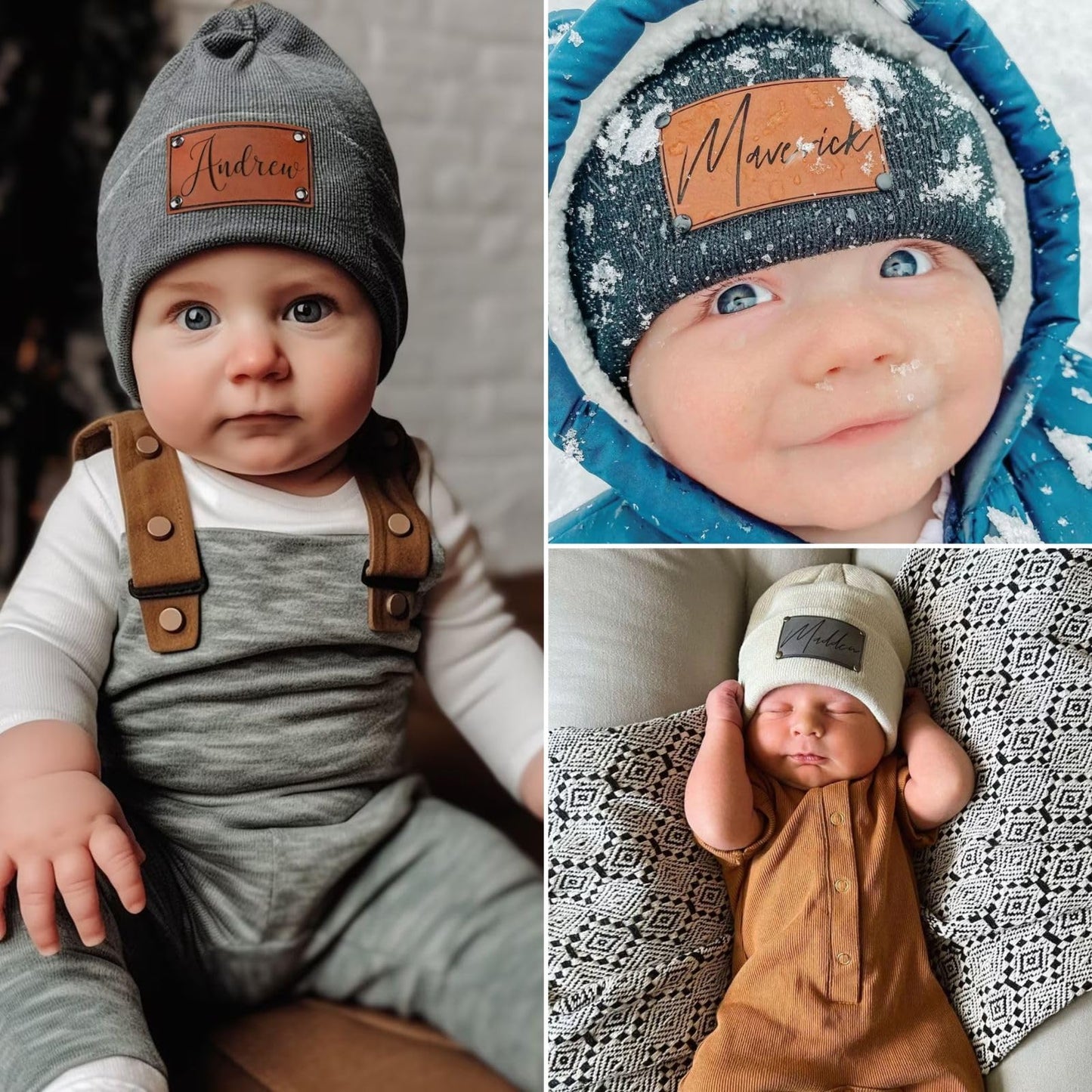 Custom Baby Beanie Hat - Personalized Leather Patch Names