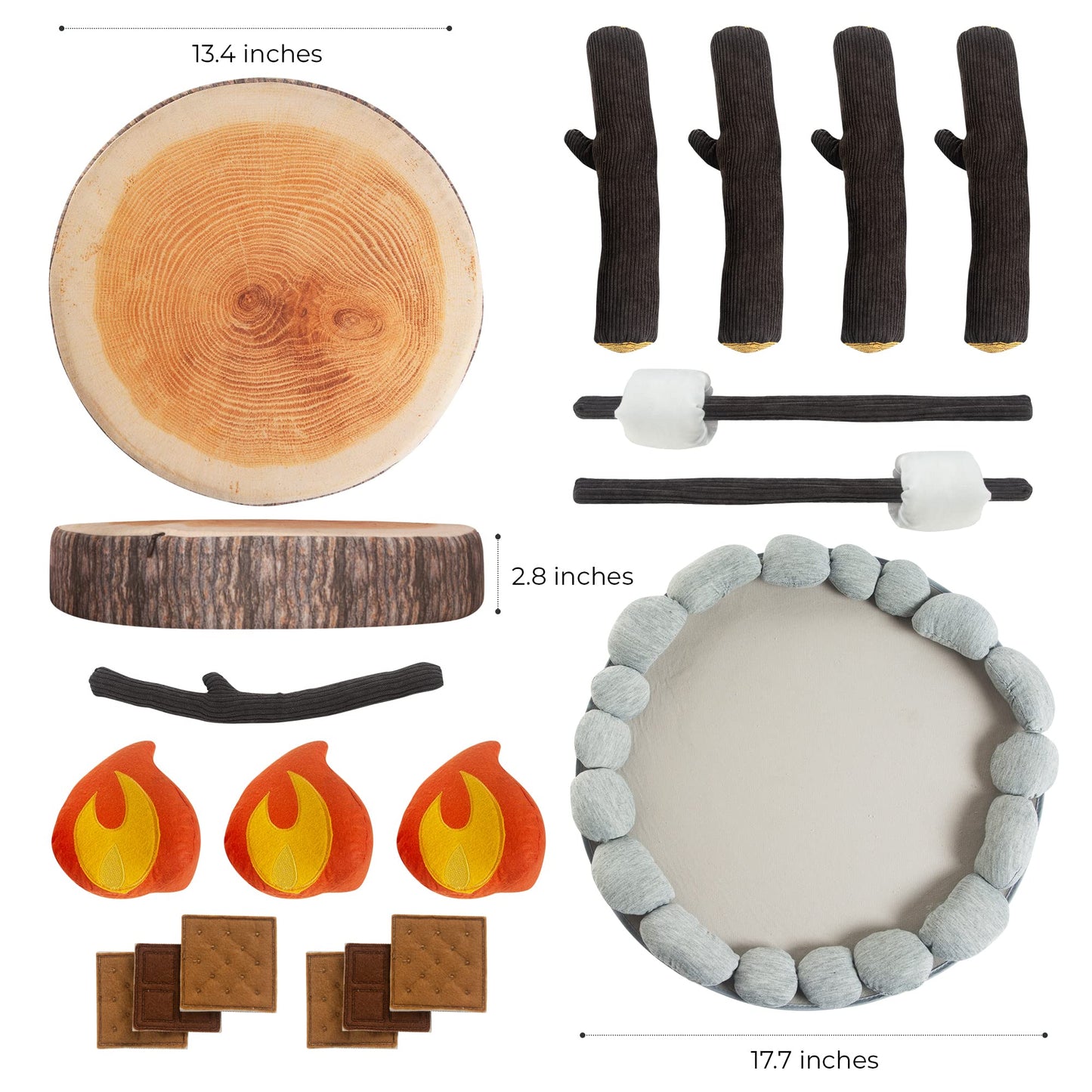 Plush Campfire Set for Kids with S'Mores Kit & Wood Log Pillow