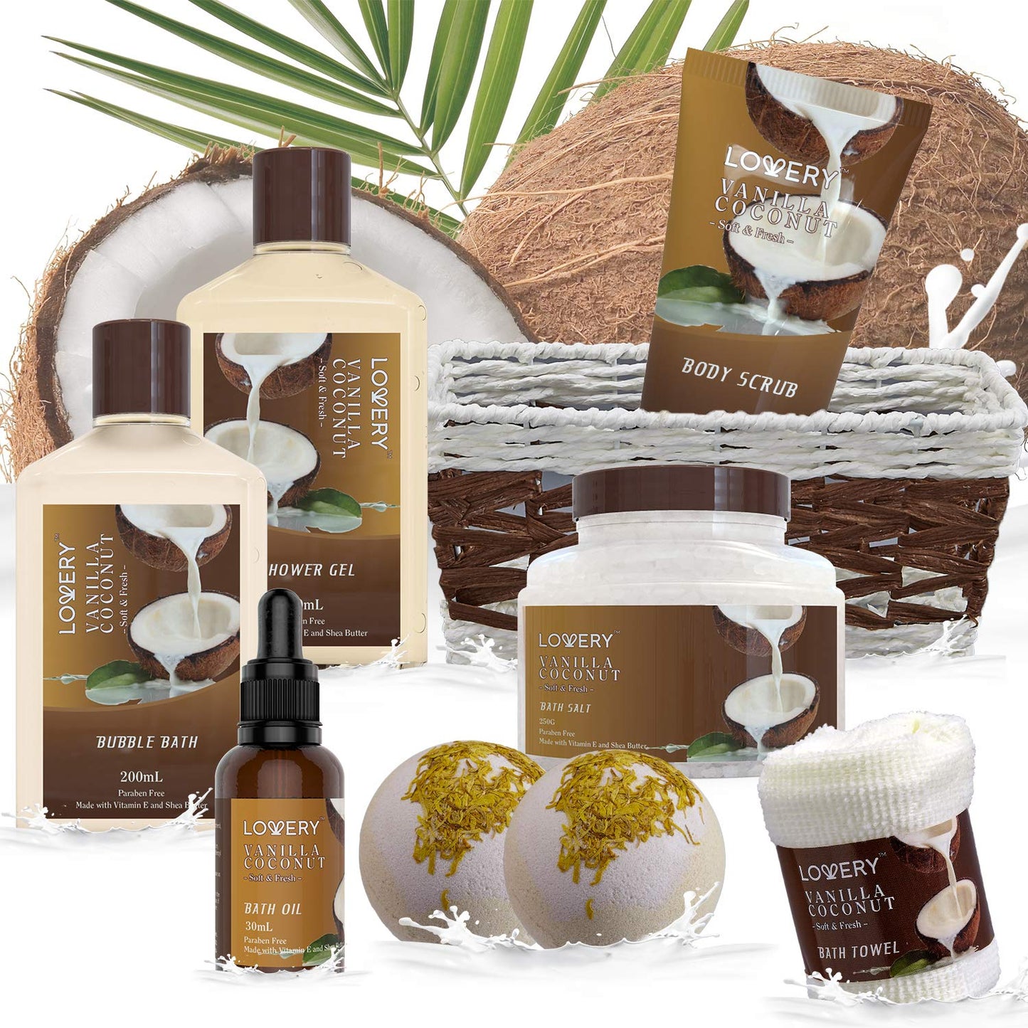 Self Care Package with Woven Basket Set, Vanilla Coconut -  9 Piece Set