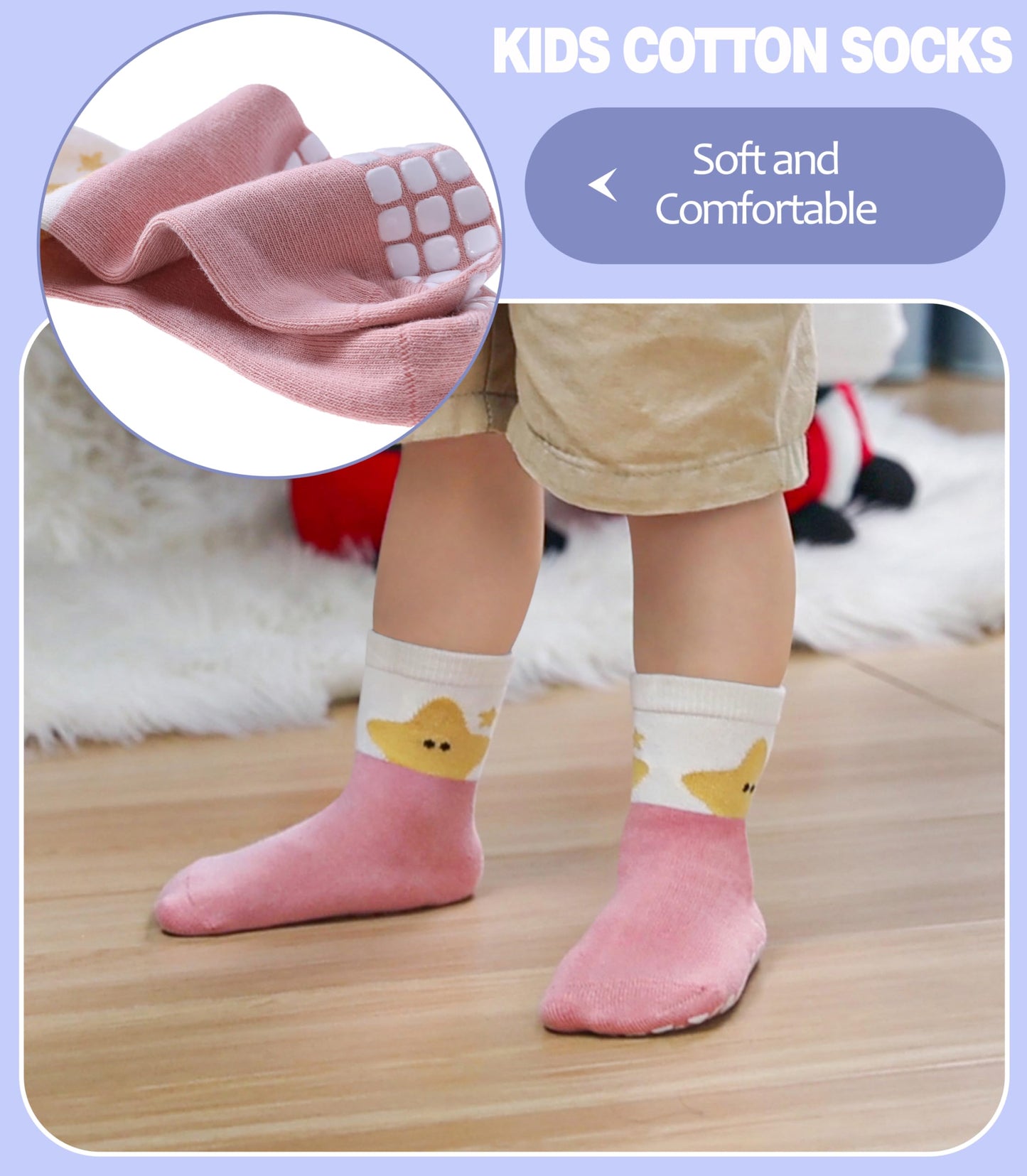 Baby Girl's Non-Slip Crew Socks with Animal Print - 6 Pairs