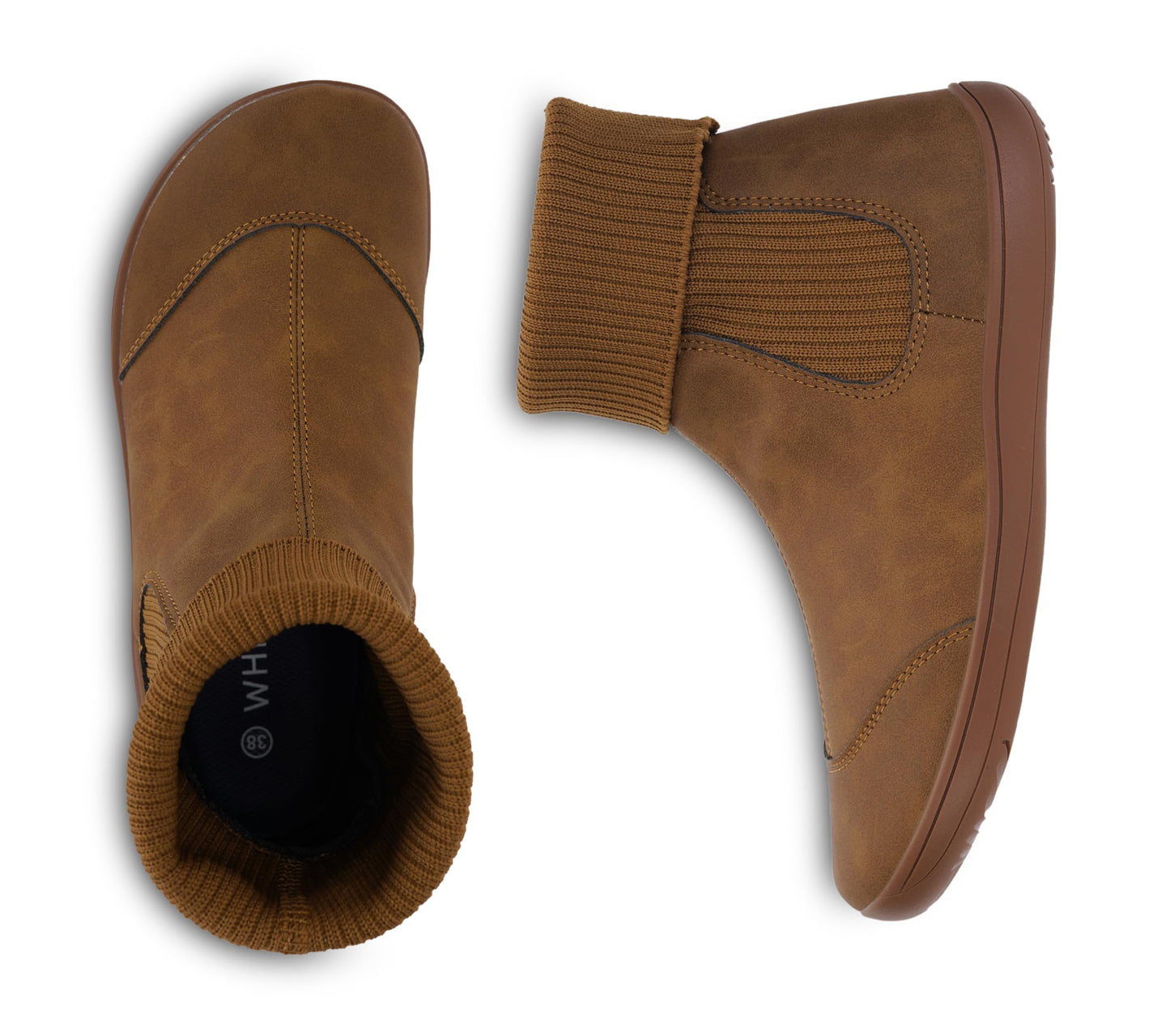 *WHITIN Women's Wide Barefoot Chelsea Boots Minimalist Zero Drop Ankle Calf Cowboy Cowgirl Size 5 Flat Bootie Leather Socks botines para mujer Pull On Shoes Light Brown 36