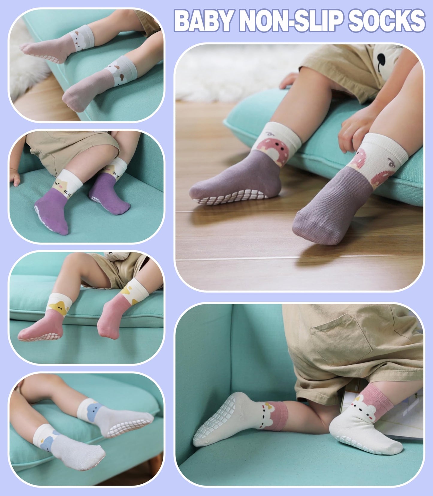 Baby Girl's Non-Slip Crew Socks with Animal Print - 6 Pairs