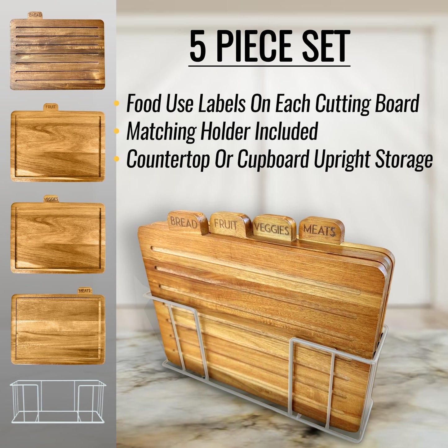 Wooden MODERNLYST Acacia Wood Cutting Boards for Kitchen with Holder | Labeled Food Use Tabs | Modern Wooden Cutting Board Set | 13 x 11 x 2.5 in. Large Organized Chopping Board Set of 4 with Black Stand