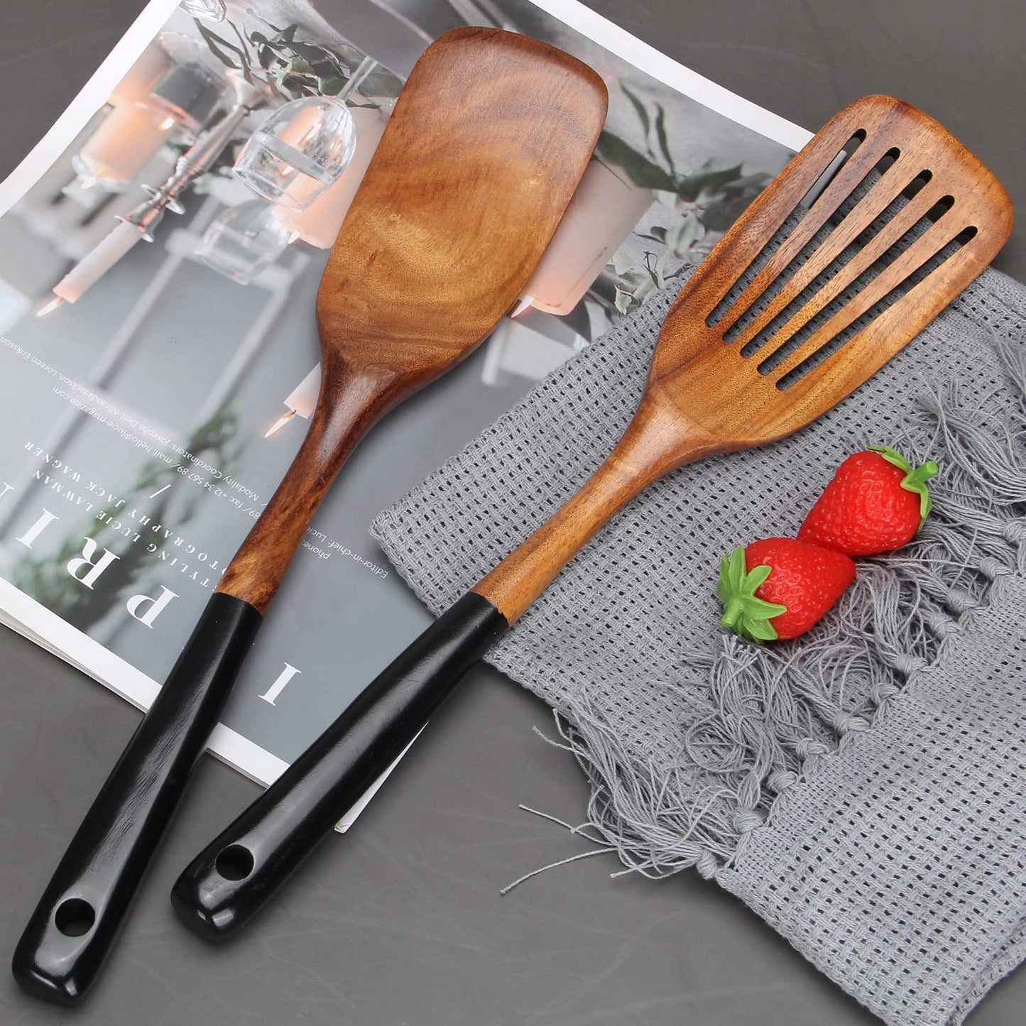Wooden 2 Pcs Best Wooden Spatula Set for Cooking Kitchen Slotted Turner Spatula Flat Wood Wok Spatula Non Stick Cooking Utensils for Frying Mixing Teak Fish Spatula Turner Black Egg Flipper Spatulas
