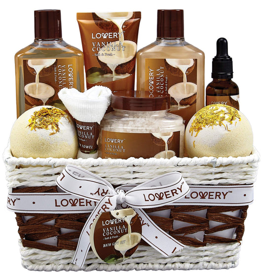 Self Care Package with Woven Basket Set, Vanilla Coconut -  9 Piece Set