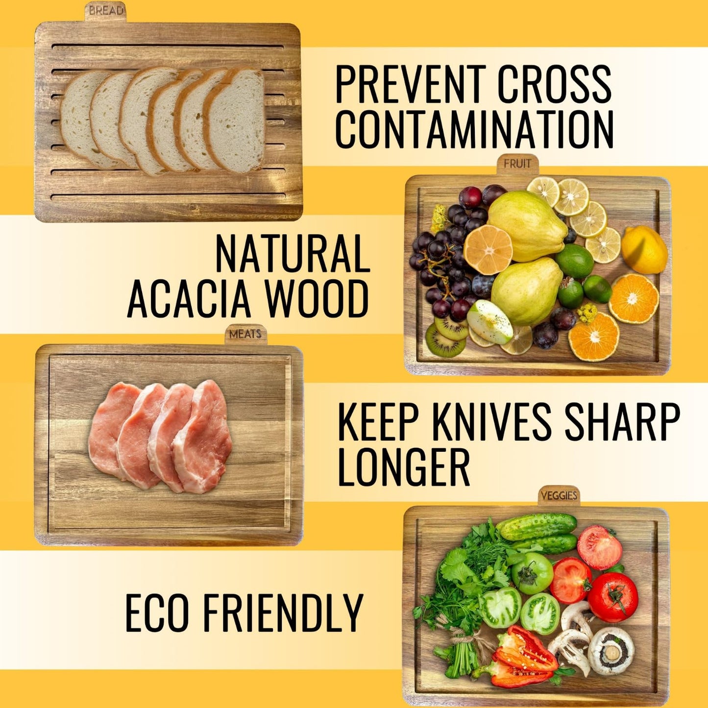 Wooden MODERNLYST Acacia Wood Cutting Boards for Kitchen with Holder | Labeled Food Use Tabs | Modern Wooden Cutting Board Set | 13 x 11 x 2.5 in. Large Organized Chopping Board Set of 4 with Black Stand