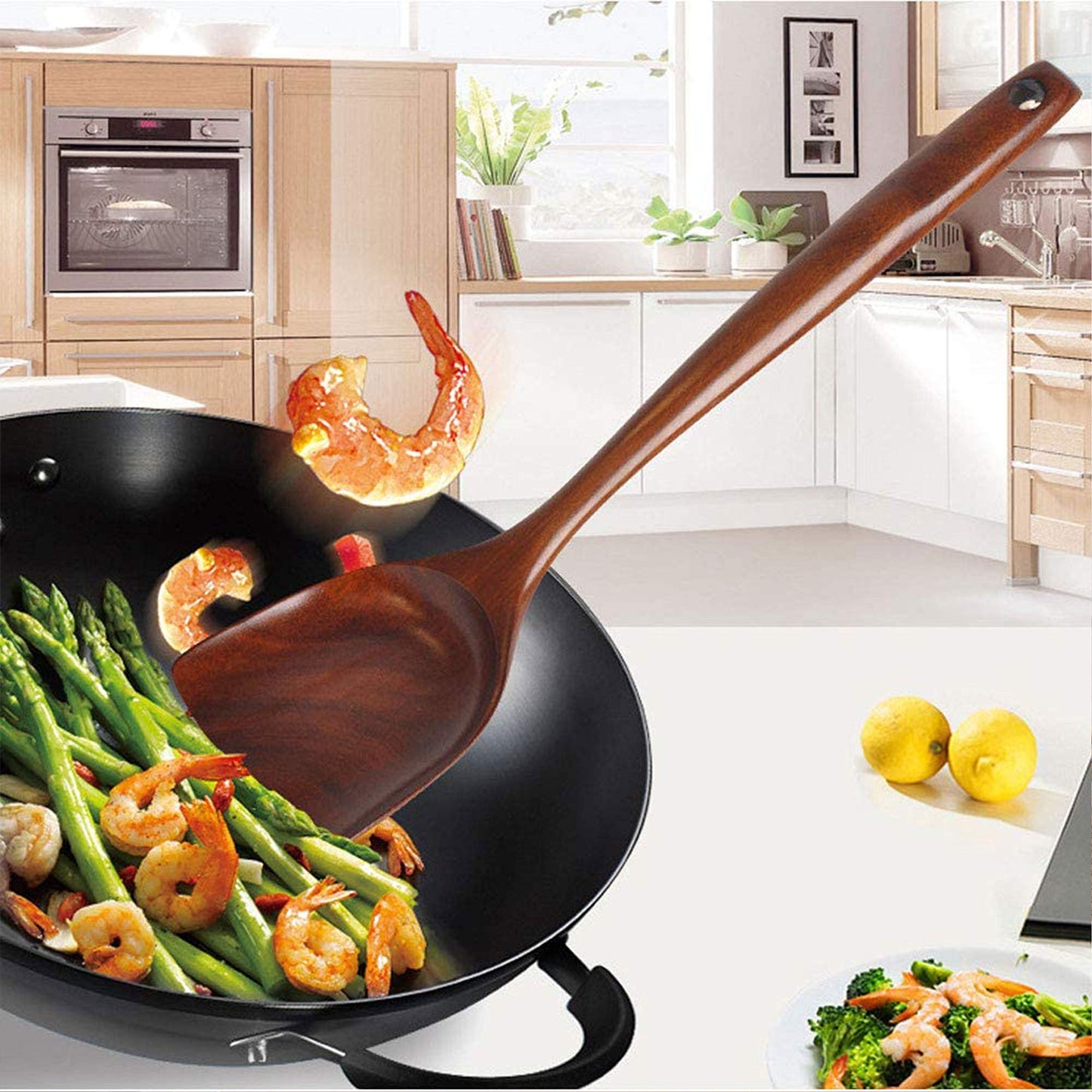 Wooden FJNATINH Wooden Wok Spatula Ladle Tool Set, 14inch Long Handle Wooden Spatula for Wok, Teak Wooden Wok Spatula