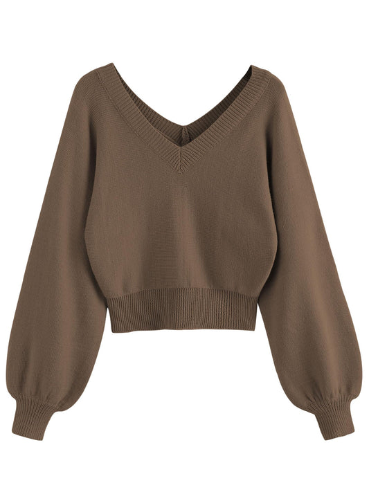 Women's Cropped V-Neck Long Sleeve Sweater
