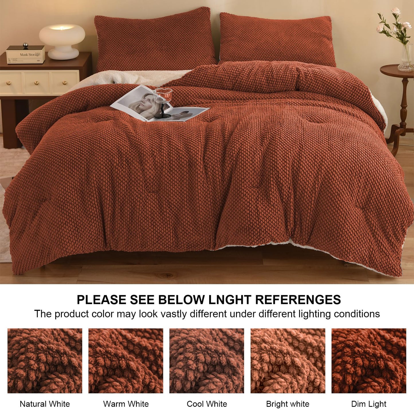 *LLanCL 3D Jacquard Design Comforter Set, Ultra-Soft Warm King Size Sherpa Fur Plush 3-Pieces Sets Luxury Cozy Bedding with 2 Pillowcases (104"x90", Burnt Orange)