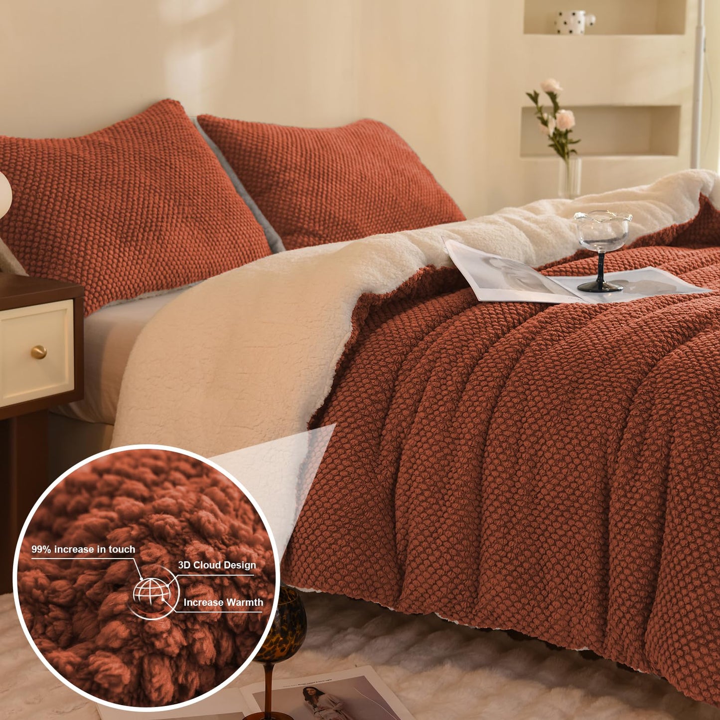 *LLanCL 3D Jacquard Design Comforter Set, Ultra-Soft Warm King Size Sherpa Fur Plush 3-Pieces Sets Luxury Cozy Bedding with 2 Pillowcases (104"x90", Burnt Orange)