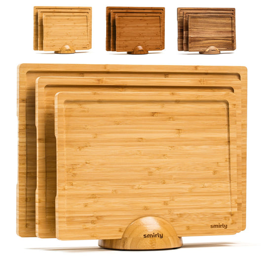 Wooden SMIRLY Wooden Cutting Boards For Kitchen - Bamboo Cutting Board Set with Holder, Wood Cutting Board Set, Cutting Board Wood, Wooden Chopping Board, Wooden Cutting Board Set