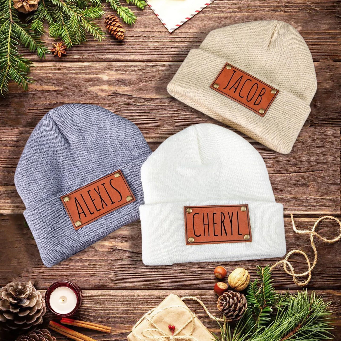 Custom Baby Beanie Hat - Personalized Leather Patch Names