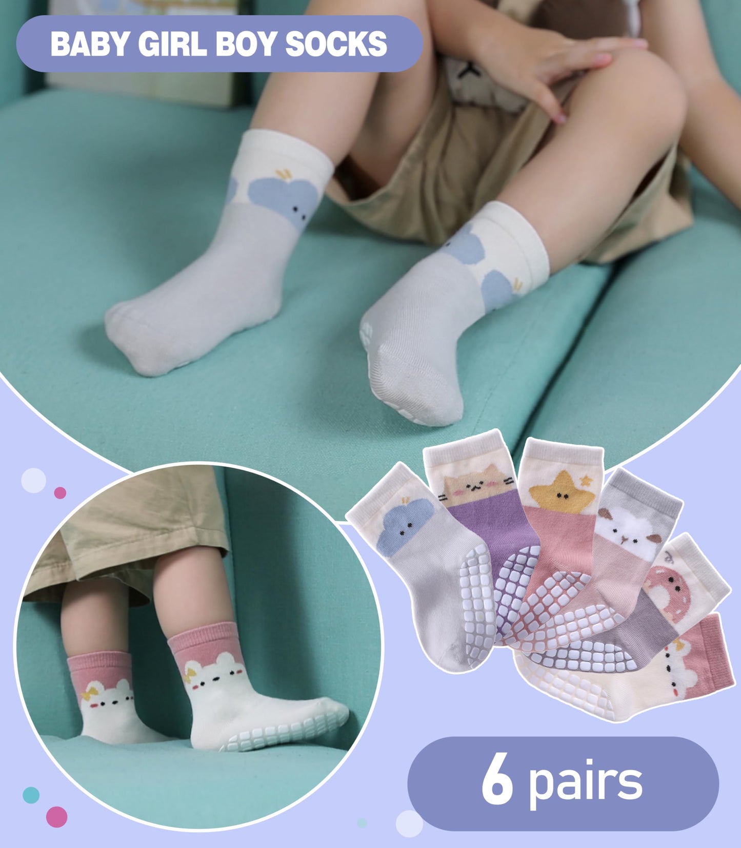 Baby Girl's Non-Slip Crew Socks with Animal Print - 6 Pairs