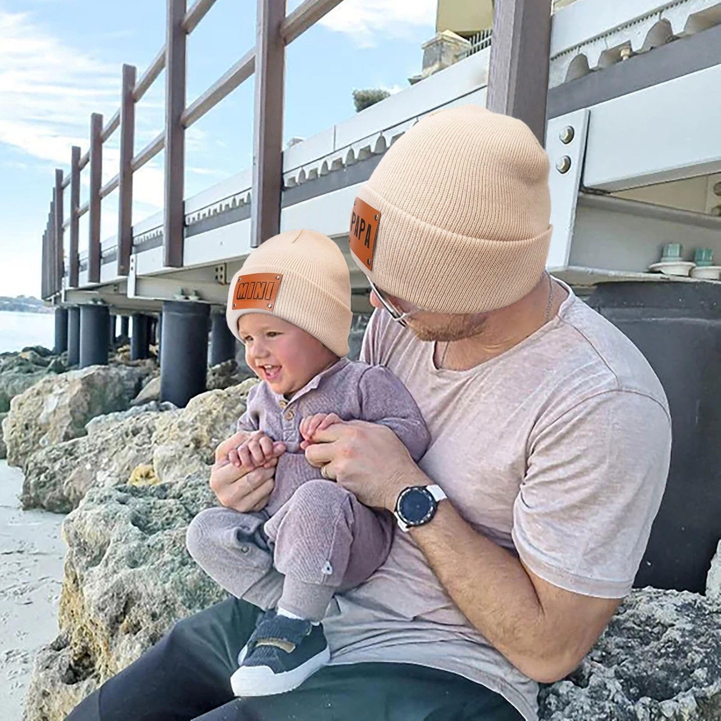 Custom Baby Beanie Hat - Personalized Leather Patch Names