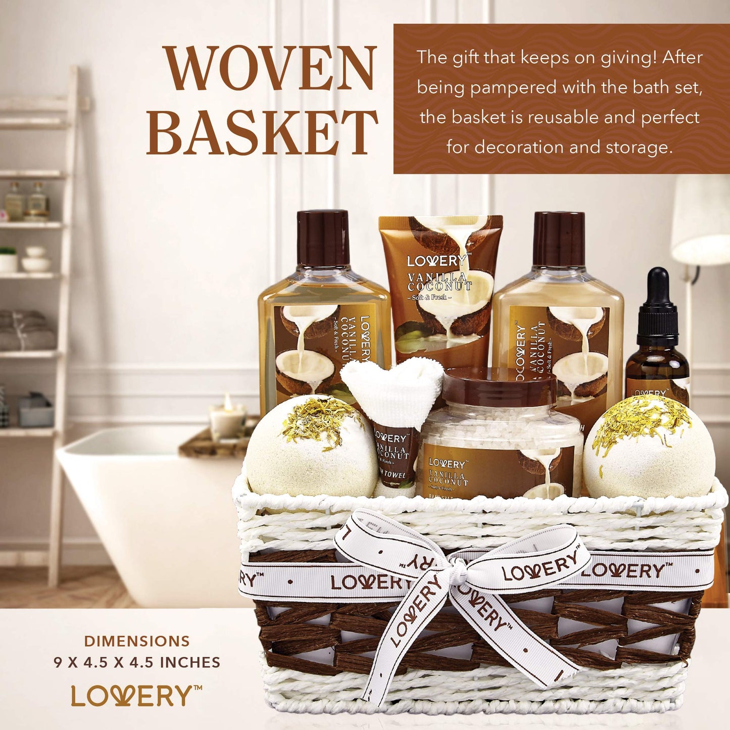 Self Care Package with Woven Basket Set, Vanilla Coconut -  9 Piece Set