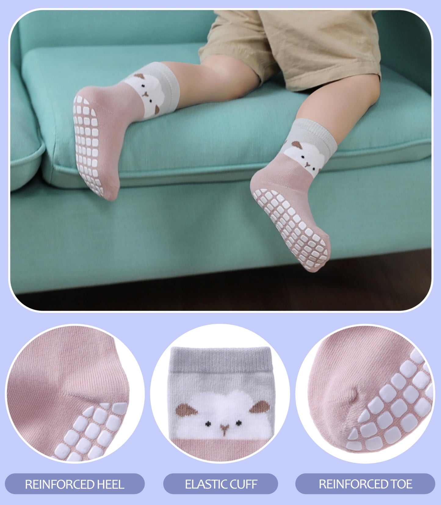 Baby Girl's Non-Slip Crew Socks with Animal Print - 6 Pairs
